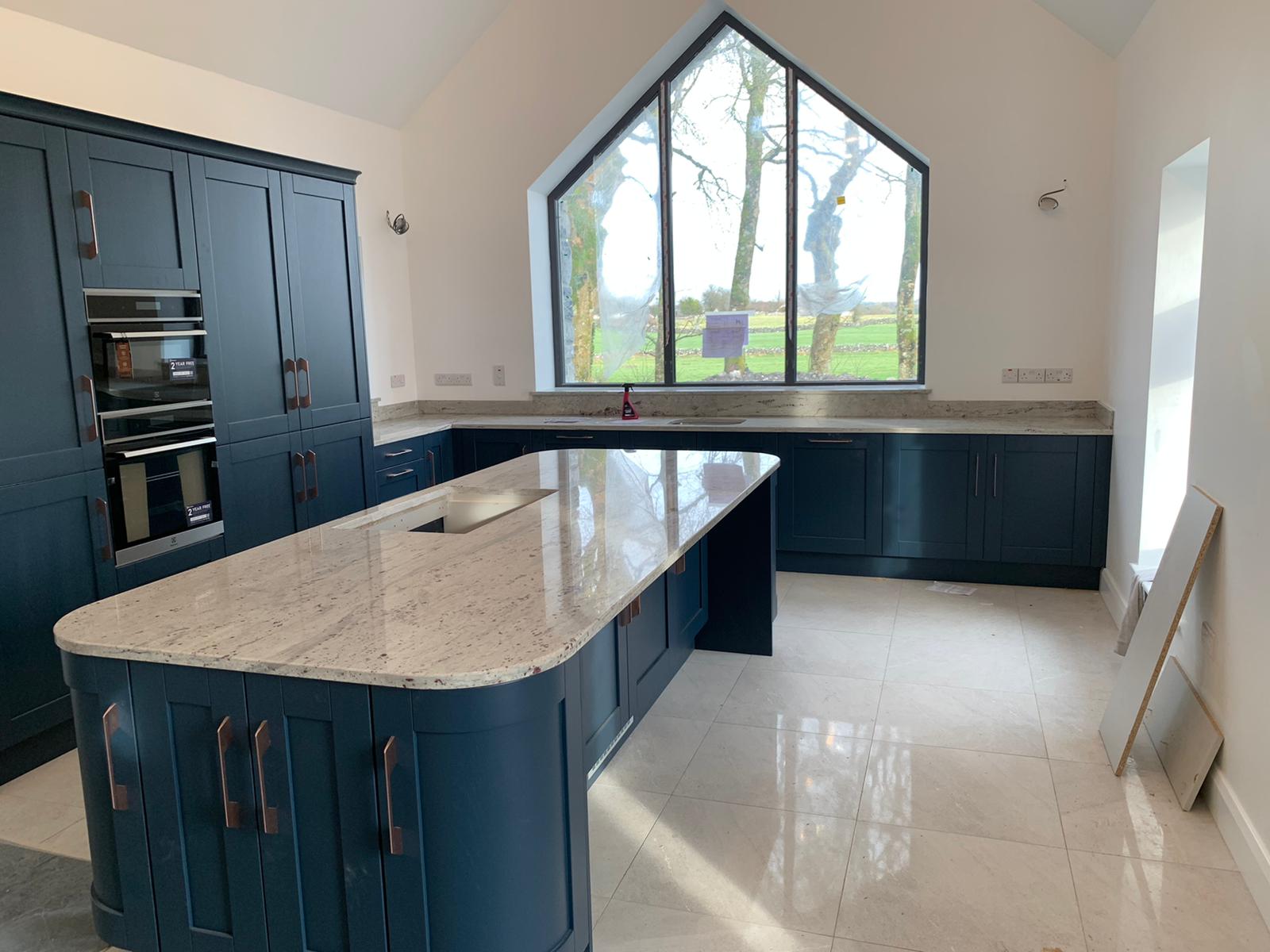 White granite kitchen worktop installed in a modern Irish kitchen
